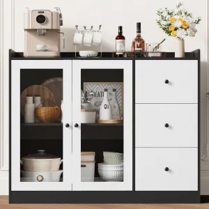 Kitchen Sideboard Cabinet, 43" Coffee Bar Cabinet with 3 Drawers and Doors, Farmhouse Buffet Cabinet with Microwave Stand, Ideal for Dining Room, Entryway, Distressed Gray