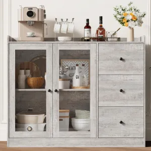 Kitchen Sideboard Cabinet, 43" Coffee Bar Cabinet with 3 Drawers and Doors, Farmhouse Buffet Cabinet with Microwave Stand, Ideal for Dining Room, Entryway, Distressed Gray