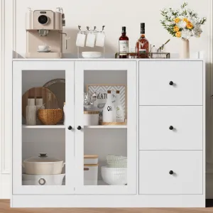 Kitchen Sideboard Cabinet, 43" Coffee Bar Cabinet with 3 Drawers and Doors, Farmhouse Buffet Cabinet with Microwave Stand, Ideal for Dining Room, Entryway, Distressed Gray