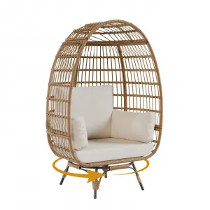360° Swivel Egg Chair, Oversized Patio Rotating Basket Chair, Steel Frame and Metal Base, Waterproof, PE Rattan Lounge Chair for Indoor & Outdoor Patio, Living Room, and Backyard, Beige