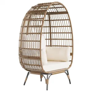 Wicker Egg Chair, Egg Basket Lounge Chair with Thick Cushion, Egg Shaped Seat with Metal Stand for Indoor Outdoor Patio Porch Backyard, Off-white