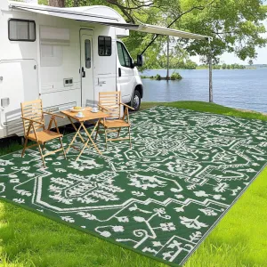 Outdoor Rug 8x10 Reversible Portable Plastic Straw Camping Rug for Patio Deck Porch Balcony Green White Waterproof Durable