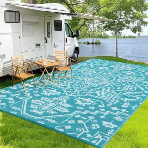 Outdoor Rug 9x12 Waterproof Reversible Polypropylene Patio Mat with Vintage Medallion, Stain-Resistant, Lightweight, Foldable for Deck Balcony Camping