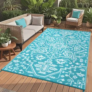 Outdoor Patio Rug 8x10 Waterproof Reversible Medallion Pattern Polypropylene Foldable Lightweight with Stakes for Backyard Deck