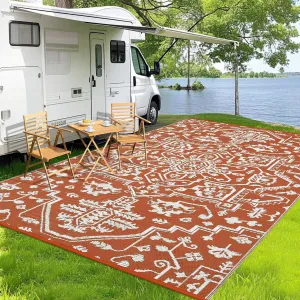 Large Outdoor Rug 10x20 Waterproof Reversible Plastic Straw Rug for Patio, RV, Picnic, Backyard, Brick Red & White