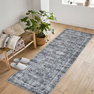 2x6 Vintage Floral Runner Rug Traditional Medallion Floor Carpet Non Slip Non Shedding Runner, Low Pile Thin Runner, Soft Washable Hallway Runner, Distressed Gray Runner for Kitchen