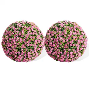 16" Artificial Topiary Rose Balls Set of 2 Hanging Grass Ball for Home Decor Indoor Outdoor, Pink