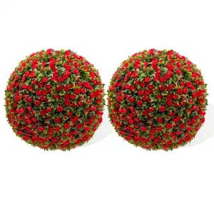 16" Artificial Topiary Rose Balls Set of 2 Hanging Grass Ball for Home Decor Indoor Outdoor, Red