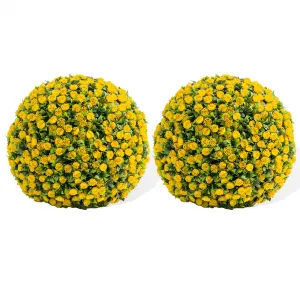 16" Artificial Topiary Rose Balls Set of 2 Hanging Grass Ball for Home Decor Indoor Outdoor, Yellow