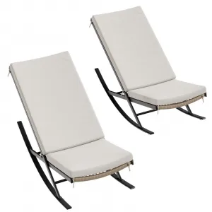 2 PC Outdoor Rocking Chairs, Rocker Patio Chair Set of 2 with Cushions for Bistro Balcony Porch Yard, Indoor Outdoor Modern Metal Lounge Rocking Chair for Napping Relaxing, Beige