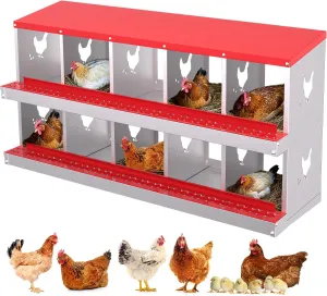Metal Chicken Nesting Box with 10 Compartments, Heavy-Duty Galvanized Steel, Egg Roll-Away System, Ventilated Design, Wall-Mountable, Red, for Poultry Coops
