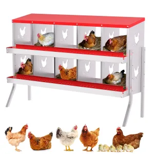 Nesting Boxes for Chickens, 10 Compartment Chicken Nesting Box with Elevated Metal Legs, Metal Chicken Laying Boxes with Perch, Secure Lid, Versatile Wall Mount or Free Standing for Hens, red