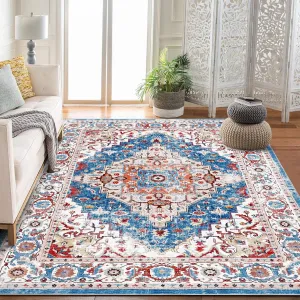 Ultra Soft Non-Slip Vintage Boho Medallion Area Rug – Machine Washable, Mark Resistant Low Pile Carpet, For Living Room, Bedroom, Kitchen, Entryway, Office, 10x13ft, Multicolor