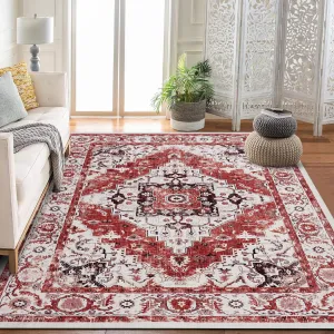 Persian Red 9x12 Washable Vintage Area Rug – Traditional Woven Non-Slip Carpet, Stain-Resistant Boho Rug for Living Room, Bedroom, or Office