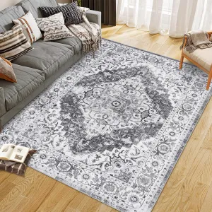 Persian Grey 8x10 Machine Washable Vintage Area Rugs With Non Slip Rugs for Living Room Bedroom Traditional Woven Rug Carpet Stain Resistant,Rug Decor Office Boho Rug