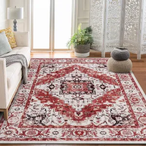 Ultra Soft Non-Slip Vintage Boho Medallion Area Rug – Mark Resistant Low Pile Carpet, Machine Washable, For Living Room, Bedroom, Entryway, Office, 10x13ft, Red