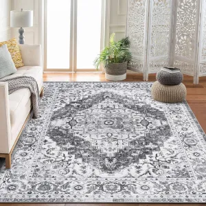 Ultra Soft Non-Slip Vintage Boho Area Rug – Machine Washable, Mark Resistant Low Pile Carpet, For Living Room, Bedroom, Office, Entryway, 10x13ft, Gray