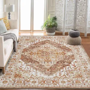 Persian Camel 9x12 Machine Washable Vintage Area Rugs With Non Slip Rugs for Living Room Bedroom Traditional Woven Rug Carpet Stain Resistant,Rug Decor Office Boho Rug