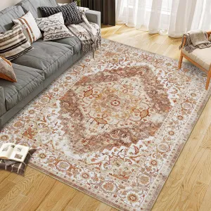 Persian Camel 8x10 Machine Washable Vintage Area Rugs With Non Slip Rugs for Living Room Bedroom Traditional Woven Rug Carpet Stain Resistant,Rug Decor Office Boho Rug