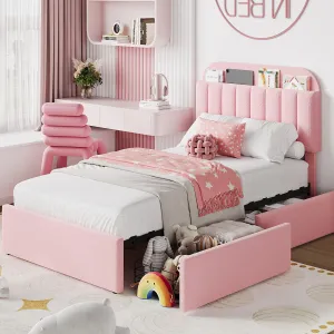 Twin Bed Frame for Kids with Boucle Upholstery, Storage Headboard, 2 Flexible Drawers, Metal & Wood, Noise-Free, Pink, Bedroom