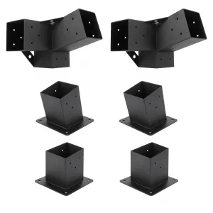6-Piece Pergola Kit, 15° 3-Way Slanted Pergola Bracket Set, Roof Wall Mount Angled 4x4 Wood Post Bracket, Outdoor Gazebo Hardware for Wood Beams, Fence, and Carport, Black