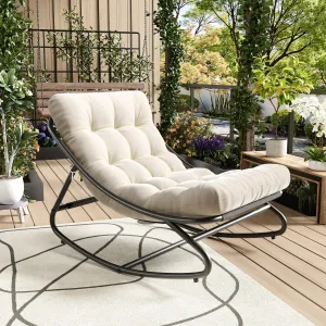 Papasan Rocking Chair Indoor Outdoor, Oversized Egg Chair with Thick Cushion, Steel Frame, Anti-tip Design, Lounge Chairs for Bedroom Patio Porch, White