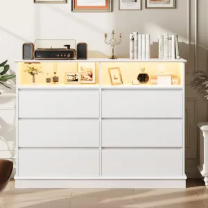 Modern 6-Drawer Dresser with LED Lights & Charging Station - Wide Chest of 6 Drawers with Open Storage Shelves for Bedroom, Living Room, Hallway, or Closet, White