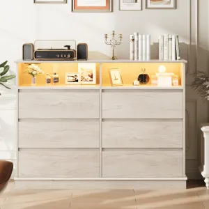 Dresser for Bedroom, 6 Drawer Dresser with LED Lights and Charging Station, Wide Chest of 6 Drawers with Open Space, Modern Large Capacity Storage Cabinet, Living Room, Hallway, Oak
