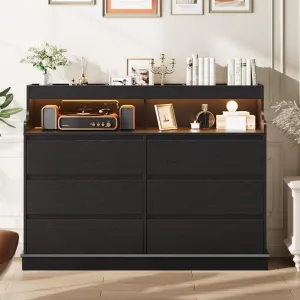 6-Drawer Dresser with Top Organizer Cubbies for Bedroom, Modern Black Dresser with LED Lights & Charging Station, Wide Chest of 6 Drawers for Living Room, Hallway, Closet