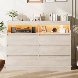6-Drawer Dresser with Top Organizer Cubbies for Bedroom, Modern Dresser with LED Lights & Charging Station, Wide Chest of 6 Drawers for Living Room, Hallway, Closet, Oak