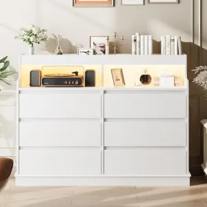 6-Drawer Dresser with Top Organizer Cubbies for Bedroom, Modern Dresser with LED Lights & Charging Station, Wide Chest of 6 Drawers for Living Room, Hallway, Closet, White