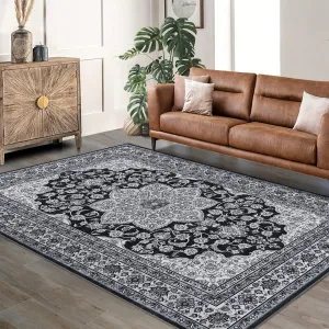 Oriental Black 6x9 Area Rug Washable Rug Taupe Vintage Rug Traditional Mat Foldable Thin Rug Retro Accent Rug
