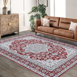 Oriental Red 10x13 Washable Area Rug, Low-Profile Large Area Rug With Non-Slip Backing & Durable Edge Binding, Vintage Large Rugs for Living Room, Bedroom, Dinning Room