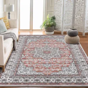 Oriental Brown 10x13 Washable Area Rug – Vintage Paisley Design, Non-Slip, Thin Foldable Carpet for Living Room, Bedroom, or Office