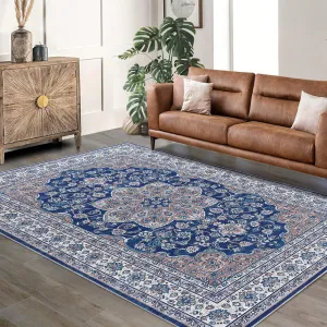 Oriental Blue 8x10 Area Rug Washable Rug Taupe Vintage Rug Traditional Mat Foldable Thin Rug Retro Accent Rug
