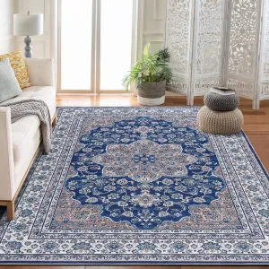 Oriental Blue 10x13 Washable Area Rug, Low-Profile Large Area Rug With Non-Slip Backing & Durable Edge Binding, Vintage Large Rugs for Living Room, Bedroom, Dinning Room