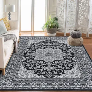 Oriental Black 10x13 Area Rug Washable Rug Taupe Vintage Rug Traditional Mat Foldable Thin Rug Retro Accent Rug