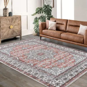 Oriental Brown 9x12 Washable Area Rug – Vintage Paisley Design, Non-Slip, Thin Foldable Carpet for Living Room, Bedroom, or High-Traffic Areas
