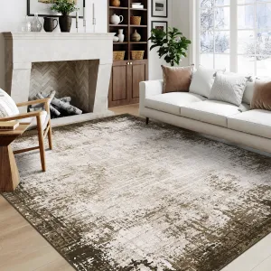 Abstract Area Rug 6x9 Washable Modern Tumble Living Room Rug Foldable Non Slip Non-Shedding Distressed Throw Rug Low Pile Soft Farmhouse Carpet for Playroom Bedroom Nursery, Brown