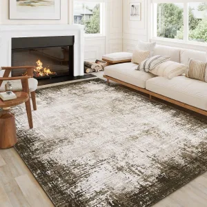 Modern Washable Rug 5x7 Tumble Abstract Area Rug Foldable Non Slip Stain Resistant Throw Rug Low Pile Ultra Soft Farmhouse Accent Rug for Living Room Home Nursery Office, Brown