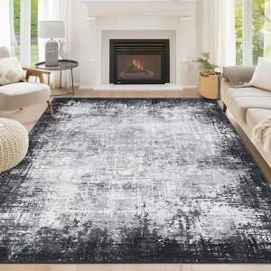 Modern Black & Grey 8x10 Rug for Living Room Washable, Soft Bordered Abstract Large Area Rugs for Bedroom, Low Pile Non-Slip Indoor Floor Carpet Farmhouse Rugs for Dining Room, Black/Grey