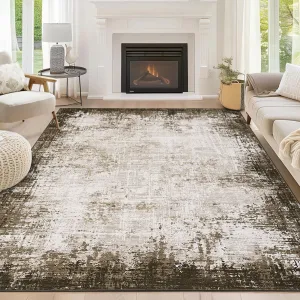 Modern Brown 8x10 Area Rug for Living Room Washable, Boho Abstract Large Area Rug with Non-Slip Backing, Ultra-Thin Soft Low Pile Bordered Vintage Rug Carpet for Bedroom Dining Room Indoor