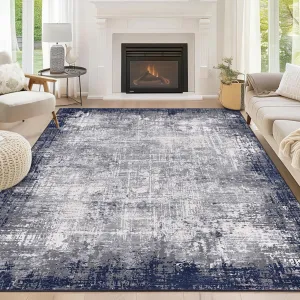 Modern Navy Blue & Grey 5x7 Area Rug, Washable, Soft Bordered Abstract Rugs for Living Room Bedroom, Low Pile Non-Slip Foldable Throw Rug Carpet for Dining Room Home