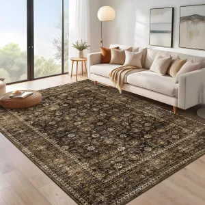 9x12 Area Rug Washable Vintage Non-Slip Low Pile Brown Carpet for Bedroom Living Room Dining Room