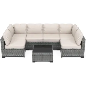 7-Piece Outdoor Patio Furniture Set – All-Weather PE Wicker Sectional Sofa with Cushions & Glass Coffee Table, Modular Conversation Set for Garden, Balcony, Poolside (6-Seater)
