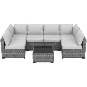7-Piece Outdoor Patio Furniture Set – All-Weather PE Wicker Sectional Sofa with Cushions & Glass Coffee Table, Modular Conversation Set for Garden, Balcony, Poolside (6-Seater)