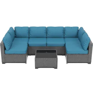 7-Piece Outdoor Patio Furniture Set – All-Weather PE Wicker Sectional Sofa with Cushions & Glass Coffee Table, Modular Conversation Set for Garden, Balcony, Poolside (6-Seater)