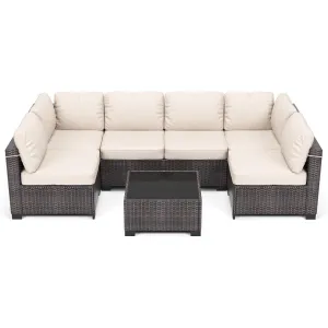 7-Piece PE Rattan Outdoor Patio Set Modular Sectional Sofa Thick Cushions Glass Top Coffee Table Garden Balcony Porch