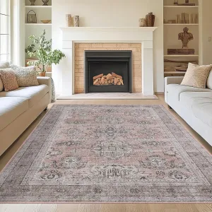 8x10Ft Washable Area Rugs, Large Traditional Floral Rugs for Living Room, Low Pile Neutral Soft Rug for Bedroom, Dining Room, Home, Office