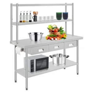 72"L x 24"W x 65"H Stainless Steel Commercial Food Service Prep Table with 3 Drawers, Overshelves & Paper Towel Holder – Heavy Duty NSF Certified Workbench for Restaurant, Kitchen, Garage, or Warehouse – Durable Storage Rack